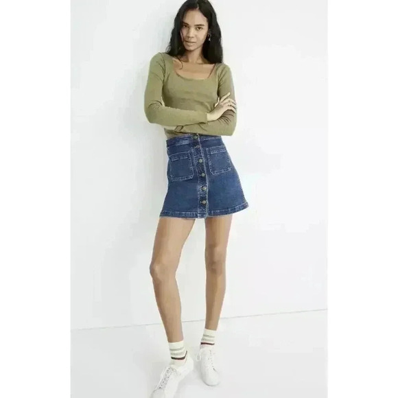 Madewell Dresses & Skirts - Madewell Dark Wash Denim Mini Skirt Button Front A-Line Cotton Stretch Size 10